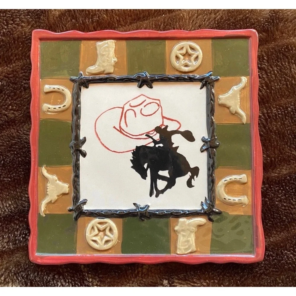 Sonoma Happy Trails Western 3 Pc Set - 2 Handled Soup Bowls & Wall Plaque Trivet
